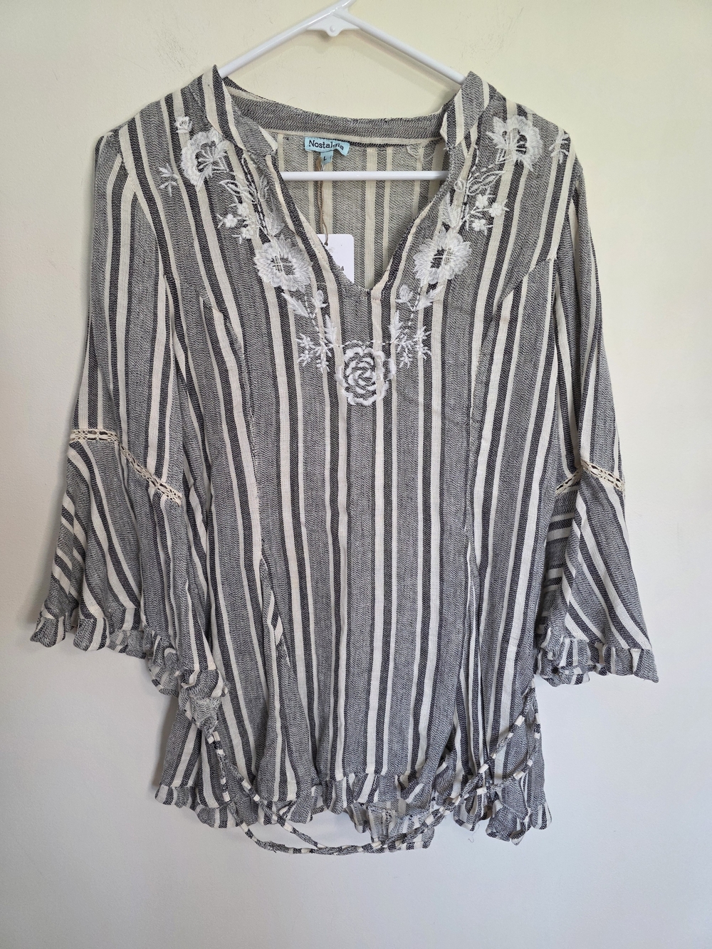 Nostalgia Gray & Cream Striped Embroidered V-Neck Top